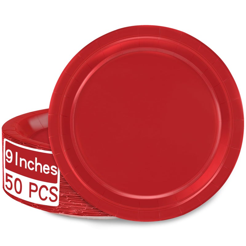 QZYL 50 PCS Paper Plates Red Heavy Duty Party Plates Round 9 Inches Disposable Paper Dinner Plates Everyday Use Plates Set for Daily Meals Wedding Christmas Picnic Supplies